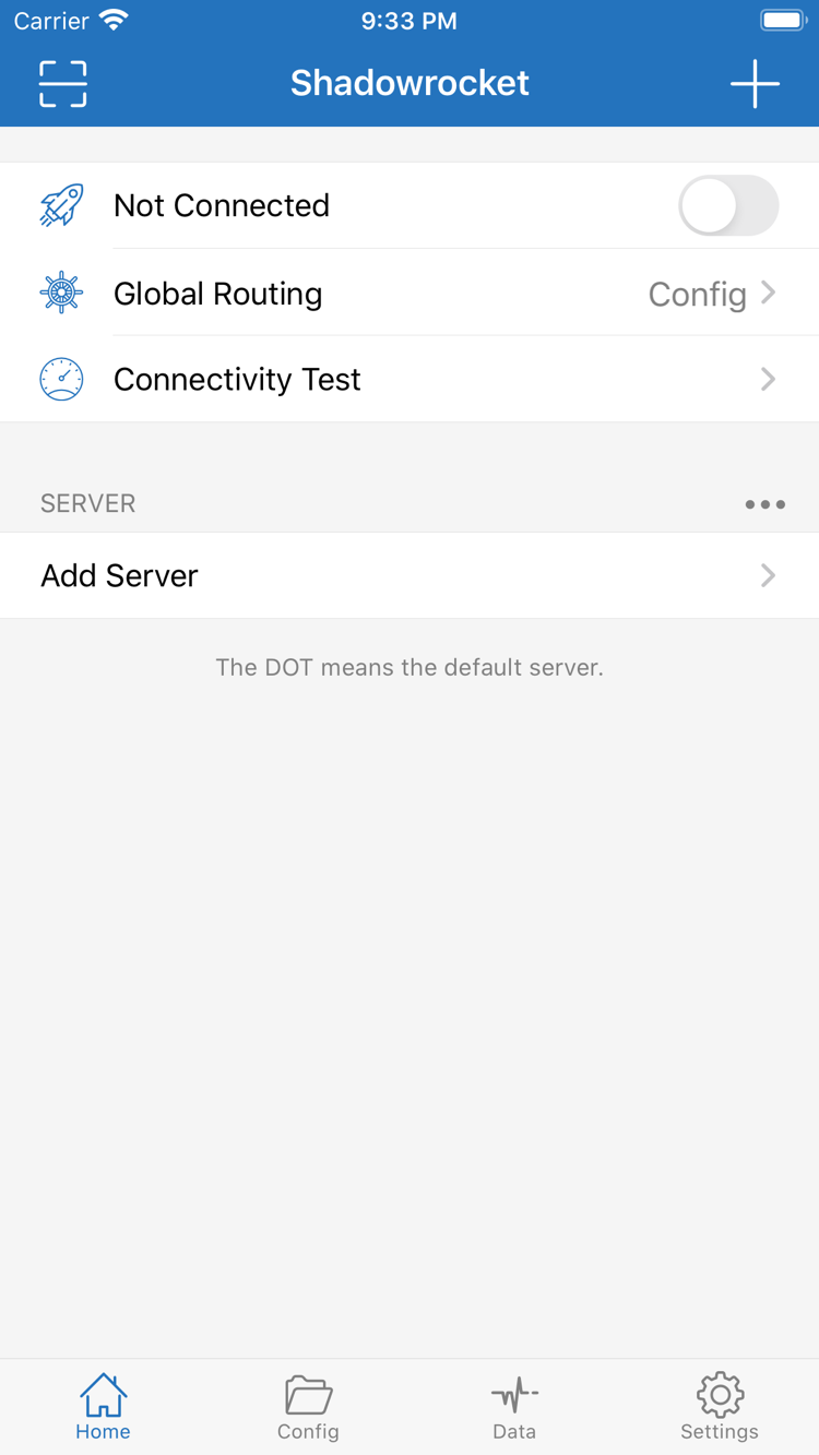 ShadowrocketのHome画面。上部にNot Connected、Global Routing、Connectivity Test、SERVER、Add Serverを表示