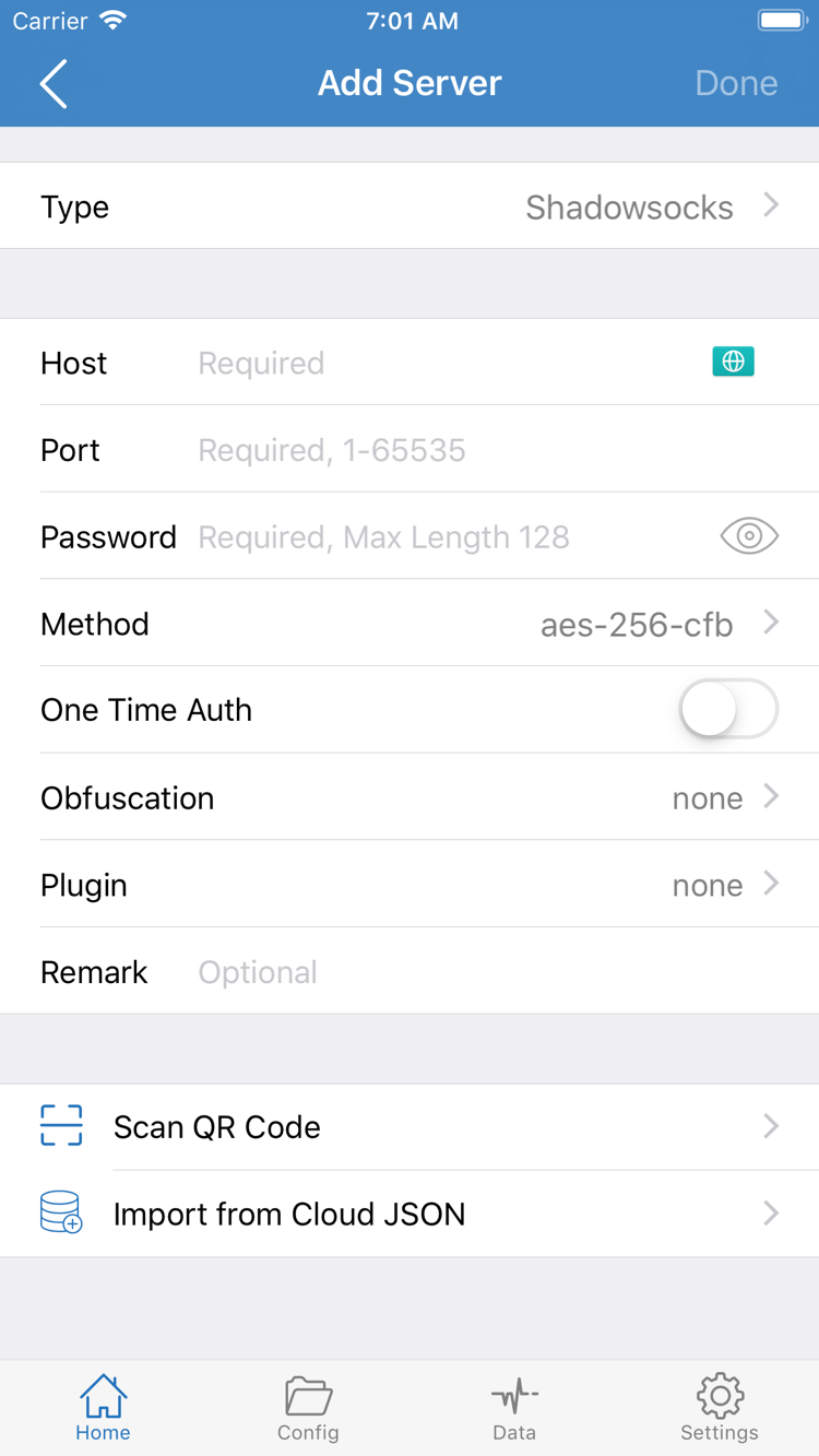 ShadowrocketのAdd Server画面。Type、Host、Port、Password、Methodと、画面下部の読み込み項目を表示
